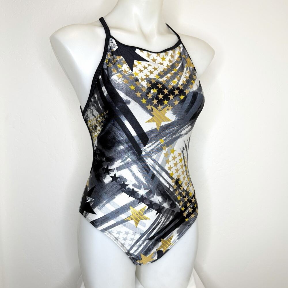 Speedo Precision One Piece Swimsuit Womens 38 Gold Stars Black Strappy